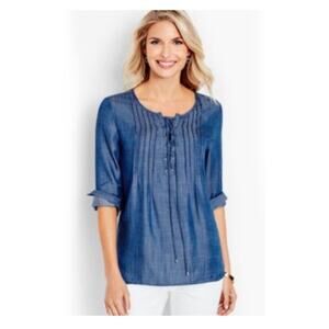 ⭐️ Talbots Pintuck Lace Up Denim‎ Chambray Blouse Casual Women's Large Petite